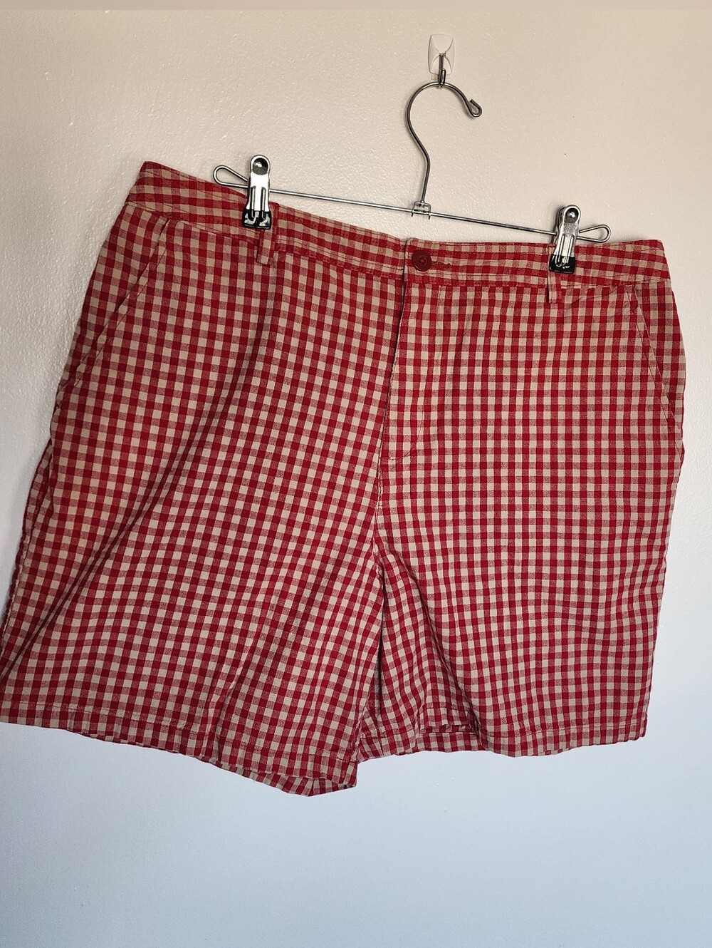 100% Cotton Red Cream Gingham Plaid Cotton Shorts Size 14 Preppy Summer Picnic